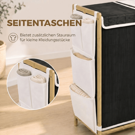 HOMCOM Cesto de Roupa Suja com Tampa, 120L, Cesto de Roupa de Bambu com 2 Compartimentos, Sacos Removíveis e Laváveis com Cordão, Bolsos Laterais, para Lavandaria, 63x33x78 cm, Branco e Preto