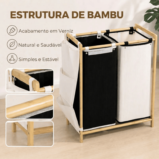 HOMCOM Cesto de Roupa Suja com Tampa, 120L, Cesto de Roupa de Bambu com 2 Compartimentos, Sacos Removíveis e Laváveis com Cordão, Bolsos Laterais, para Lavandaria, 63x33x78 cm, Branco e Preto