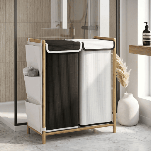 HOMCOM Cesto de Roupa Suja com Tampa, 120L, Cesto de Roupa de Bambu com 2 Compartimentos, Sacos Removíveis e Laváveis com Cordão, Bolsos Laterais, para Lavandaria, 63x33x78 cm, Branco e Preto