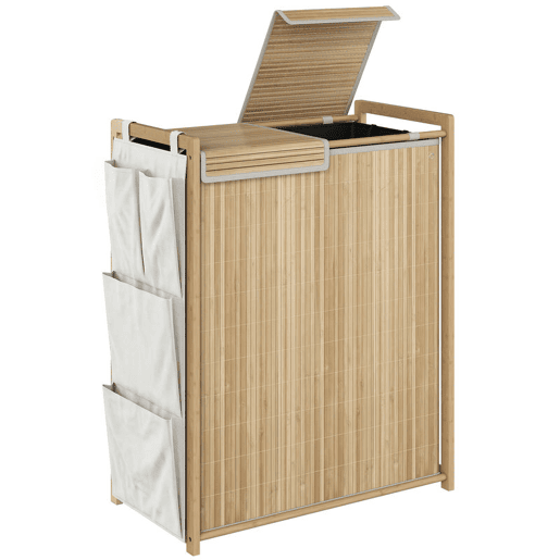 HOMCOM Cesto de Roupa Suja com Tampa 120L Cesto de Roupa em Bambu com 2 Compartimentos Sacos com Cordão Removíveis e Laváveis Bolsos Laterais para Lavandaria 63x33x78 cm Madeira