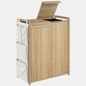 HOMCOM Cesto de Roupa Suja com Tampa 120L Cesto de Roupa em Bambu com 2 Compartimentos Sacos com Cordão Removíveis e Laváveis Bolsos Laterais para Lavandaria 63x33x78 cm Madeira