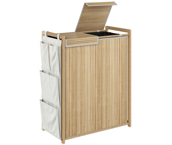 Homcom cesto de ropa sucia con tapa, 120l, cesta ropa sucia de bambú con 2 compartimentos, bolsas con cordón extraíbles y lavables, bolsillos laterales, para lavandería, 63x33x78 cm, natural