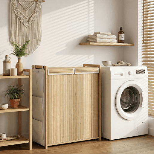 HOMCOM Cesto de Roupa Suja com Tampa 120L Cesto de Roupa em Bambu com 2 Compartimentos Sacos com Cordão Removíveis e Laváveis Bolsos Laterais para Lavandaria 63x33x78 cm Madeira