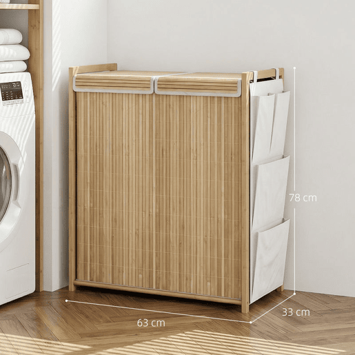 HOMCOM Cesto de Roupa Suja com Tampa 120L Cesto de Roupa em Bambu com 2 Compartimentos Sacos com Cordão Removíveis e Laváveis Bolsos Laterais para Lavandaria 63x33x78 cm Madeira