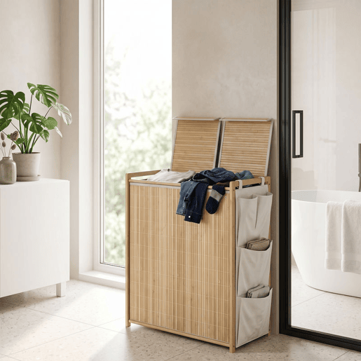 HOMCOM Cesto de Roupa Suja com Tampa 120L Cesto de Roupa em Bambu com 2 Compartimentos Sacos com Cordão Removíveis e Laváveis Bolsos Laterais para Lavandaria 63x33x78 cm Madeira