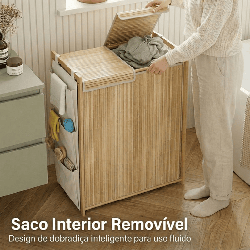 HOMCOM Cesto de Roupa Suja com Tampa 120L Cesto de Roupa em Bambu com 2 Compartimentos Sacos com Cordão Removíveis e Laváveis Bolsos Laterais para Lavandaria 63x33x78 cm Madeira