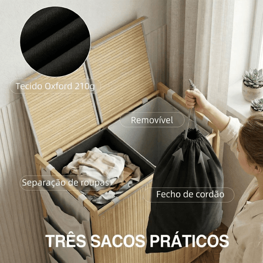 HOMCOM Cesto de Roupa Suja com Tampa 120L Cesto de Roupa em Bambu com 2 Compartimentos Sacos com Cordão Removíveis e Laváveis Bolsos Laterais para Lavandaria 63x33x78 cm Madeira