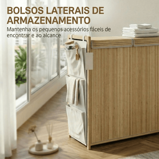 HOMCOM Cesto de Roupa Suja com Tampa 120L Cesto de Roupa em Bambu com 2 Compartimentos Sacos com Cordão Removíveis e Laváveis Bolsos Laterais para Lavandaria 63x33x78 cm Madeira