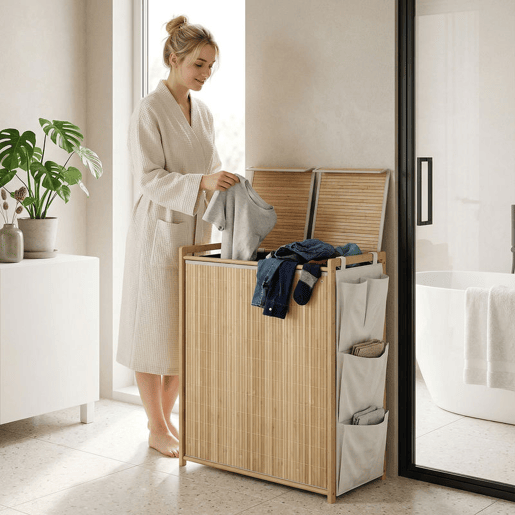 HOMCOM Cesto de Roupa Suja com Tampa 120L Cesto de Roupa em Bambu com 2 Compartimentos Sacos com Cordão Removíveis e Laváveis Bolsos Laterais para Lavandaria 63x33x78 cm Madeira
