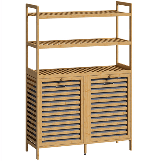 HOMCOM Móvel para Roupa Suja em Bambu, 2 em 1, Móvel de Casa de Banho com 2 Cestos Inclináveis de 38,7 L e 3 Prateleiras, para Cozinha, Sala, 80x30x118 cm, Carvalho