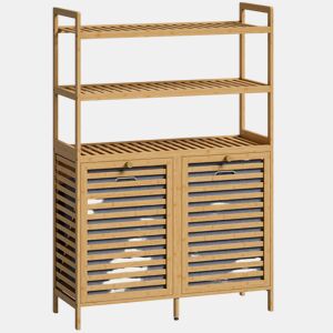 HOMCOM Móvel para Roupa Suja em Bambu, 2 em 1, Móvel de Casa de Banho com 2 Cestos Inclináveis de 38,7 L e 3 Prateleiras, para Cozinha, Sala, 80x30x118 cm, Carvalho