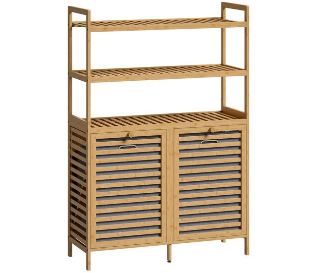Homcom mueble ropa sucia de bambú, 2 en 1, mueble de baño con 2 cestos para ropa sucia inclinables 77,4 l y 3 estantes, para cocina, salón, 80x30x118 cm, roble