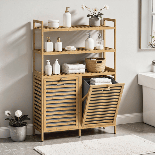 HOMCOM Móvel para Roupa Suja em Bambu, 2 em 1, Móvel de Casa de Banho com 2 Cestos Inclináveis de 38,7 L e 3 Prateleiras, para Cozinha, Sala, 80x30x118 cm, Carvalho