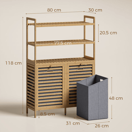 HOMCOM Móvel para Roupa Suja em Bambu, 2 em 1, Móvel de Casa de Banho com 2 Cestos Inclináveis de 38,7 L e 3 Prateleiras, para Cozinha, Sala, 80x30x118 cm, Carvalho