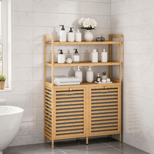 HOMCOM Móvel para Roupa Suja em Bambu, 2 em 1, Móvel de Casa de Banho com 2 Cestos Inclináveis de 38,7 L e 3 Prateleiras, para Cozinha, Sala, 80x30x118 cm, Carvalho