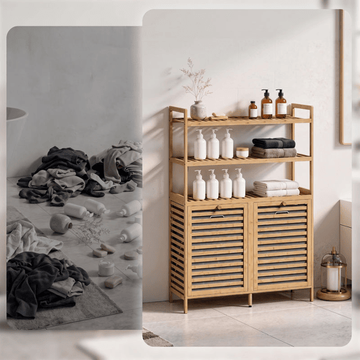 HOMCOM Móvel para Roupa Suja em Bambu, 2 em 1, Móvel de Casa de Banho com 2 Cestos Inclináveis de 38,7 L e 3 Prateleiras, para Cozinha, Sala, 80x30x118 cm, Carvalho