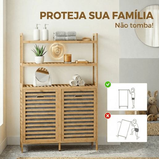HOMCOM Móvel para Roupa Suja em Bambu, 2 em 1, Móvel de Casa de Banho com 2 Cestos Inclináveis de 38,7 L e 3 Prateleiras, para Cozinha, Sala, 80x30x118 cm, Carvalho