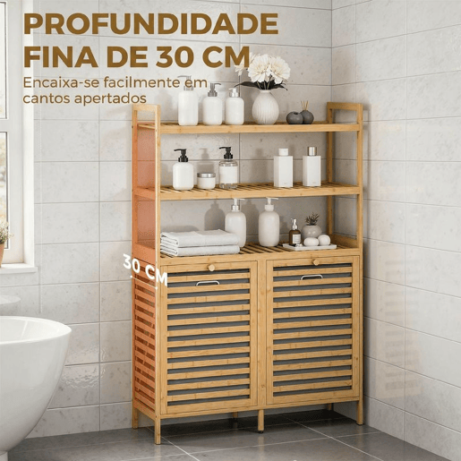 HOMCOM Móvel para Roupa Suja em Bambu, 2 em 1, Móvel de Casa de Banho com 2 Cestos Inclináveis de 38,7 L e 3 Prateleiras, para Cozinha, Sala, 80x30x118 cm, Carvalho