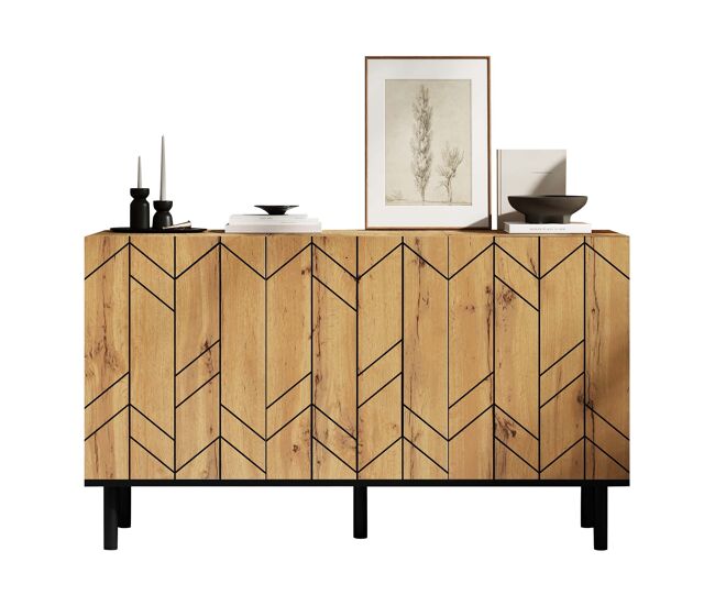 Aparador 120x35x70cm - 3 puertas, diseño ondulado, patas metálicas, 50kg - madera natural