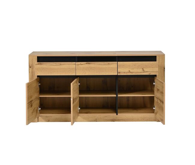 Buffet ondulado 135×35×70cm - 9 compartimentos, 3 cajones, armario moderno de salón - madera natural