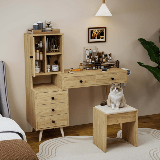 Mesa de maquilhagem moderna com espelho e arrumação para 4 pessoas - espelho retrátil, 5 gavetas, armário lateral, banco almofadado, acabamento em madeira natural - Natural+Beige Mesa de maquilhagem moderna com espelho e arrumação para 4 pessoas - espelho retrátil, 5 gavetas, armário lateral, banco almofadado, acabamento em madeira natural - Natural+Beige