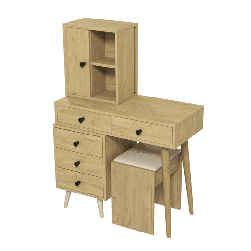 Mesa de maquilhagem moderna com espelho e arrumação para 4 pessoas - espelho retrátil, 5 gavetas, armário lateral, banco almofadado, acabamento em madeira natural - Natural+Beige Mesa de maquilhagem moderna com espelho e arrumação para 4 pessoas - espelho retrátil, 5 gavetas, armário lateral, banco almofadado, acabamento em madeira natural - Natural+Beige