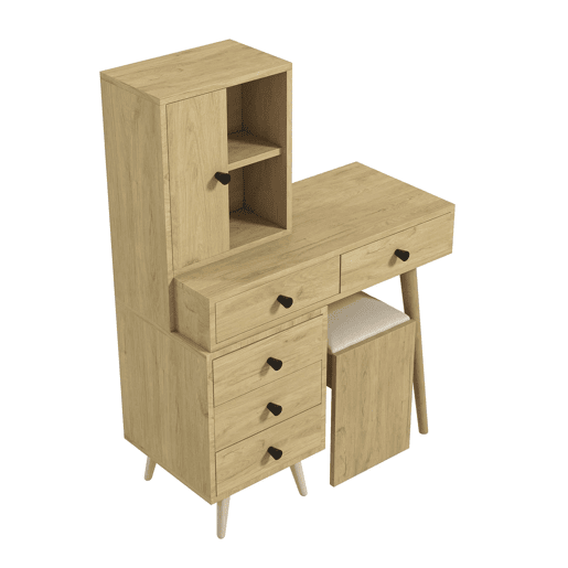 Mesa de maquilhagem moderna com espelho e arrumação para 4 pessoas - espelho retrátil, 5 gavetas, armário lateral, banco almofadado, acabamento em madeira natural - Natural+Beige Mesa de maquilhagem moderna com espelho e arrumação para 4 pessoas - espelho retrátil, 5 gavetas, armário lateral, banco almofadado, acabamento em madeira natural - Natural+Beige