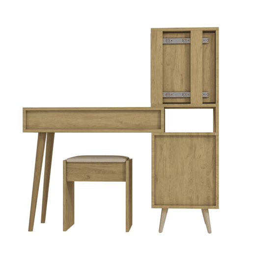 Mesa de maquilhagem moderna com espelho e arrumação para 4 pessoas - espelho retrátil, 5 gavetas, armário lateral, banco almofadado, acabamento em madeira natural - Natural+Beige Mesa de maquilhagem moderna com espelho e arrumação para 4 pessoas - espelho retrátil, 5 gavetas, armário lateral, banco almofadado, acabamento em madeira natural - Natural+Beige