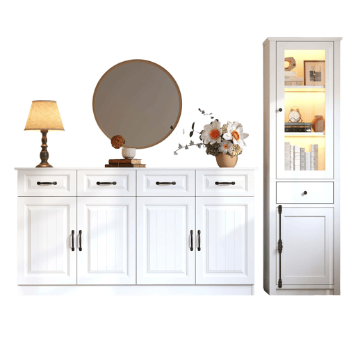 Armário de sala com vitrina, 2 peças - MDF, conjunto de duas peças, móvel auxiliar - branco