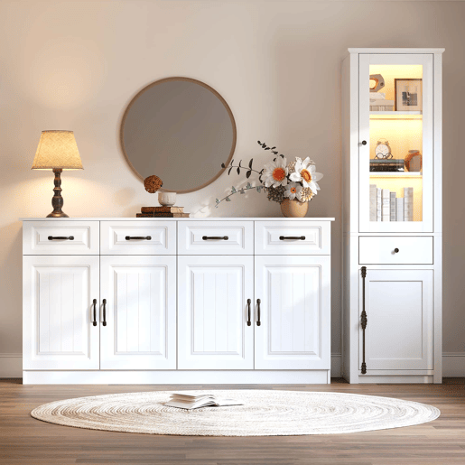 Armário de sala com vitrina, 2 peças - MDF, conjunto de duas peças, móvel auxiliar - branco