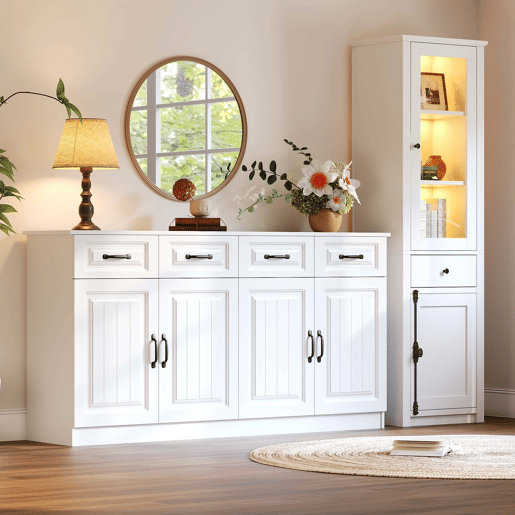 Armário de sala com vitrina, 2 peças - MDF, conjunto de duas peças, móvel auxiliar - branco