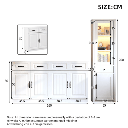 Armário de sala com vitrina, 2 peças - MDF, conjunto de duas peças, móvel auxiliar - branco