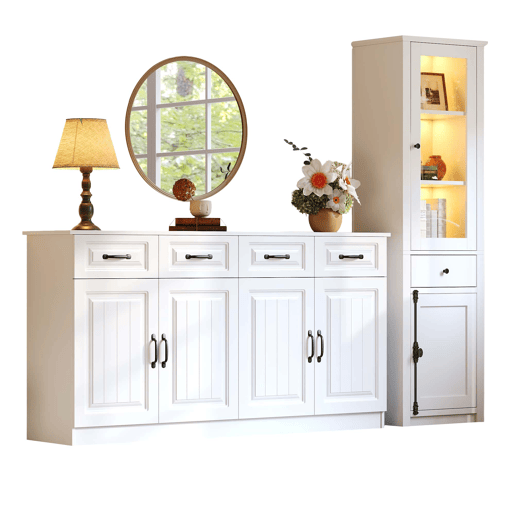 Armário de sala com vitrina, 2 peças - MDF, conjunto de duas peças, móvel auxiliar - branco
