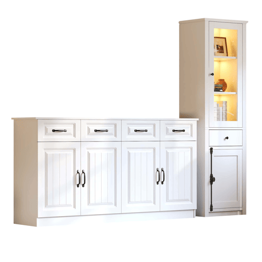 Armário de sala com vitrina, 2 peças - MDF, conjunto de duas peças, móvel auxiliar - branco
