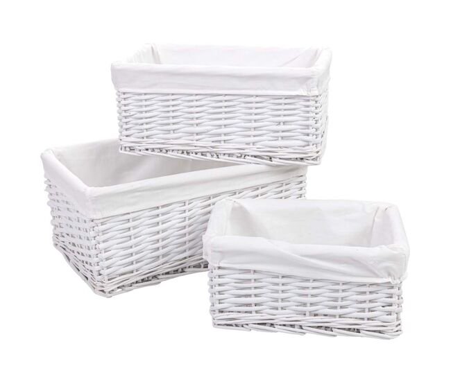 Set 3 cestos de mimbre blanco a: 40x28x18, b: 35x23x16, c: 28x18x14 cm