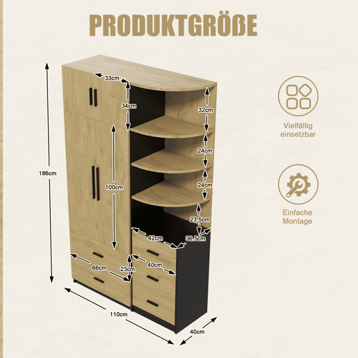 Roupeiro de 2 portas e 5 gavetas com barra + vitrina - quarto - NaturalPreto