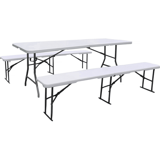 Conjunto de mesa de jardim dobrável + 2 bancos Foldy - Branco Conjunto de mesa de jardim dobrável + 2 bancos Foldy - Branco