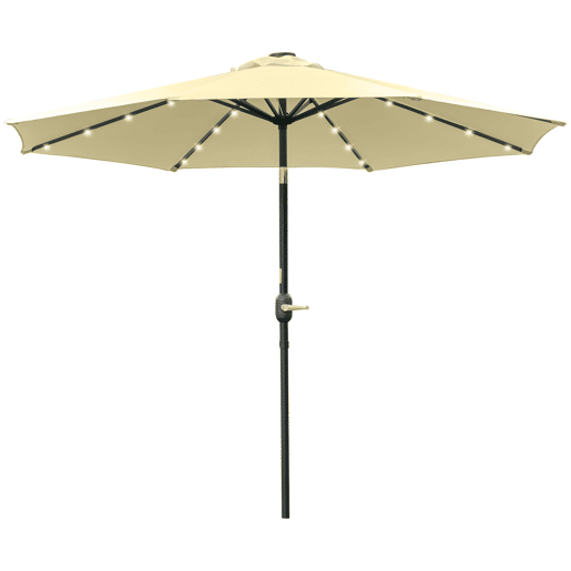 Guarda-sol de jardim para terraçopátio externo, Ø265 cm, com 32 luzes solares LED, haste de aço e manivela, inclinável. Cor: bege. Guarda-sol de jardim para terraçopátio externo, Ø265 cm, com 32 luzes solares LED, haste de aço e manivela, inclinável. Cor: bege.