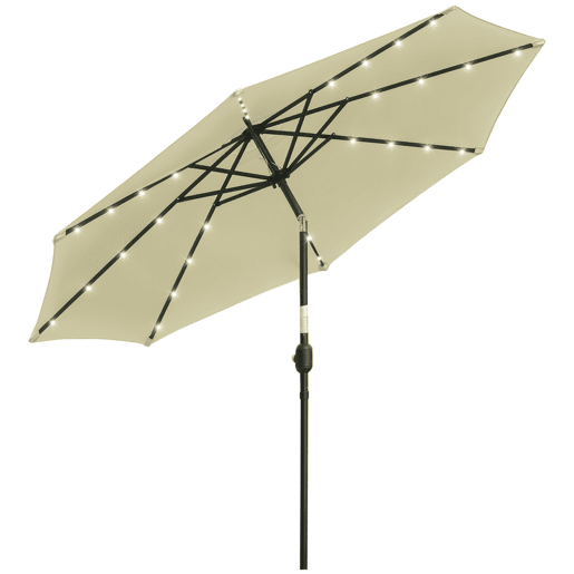 Guarda-sol de jardim para terraçopátio externo, Ø265 cm, com 32 luzes solares LED, haste de aço e manivela, inclinável. Cor: bege. Guarda-sol de jardim para terraçopátio externo, Ø265 cm, com 32 luzes solares LED, haste de aço e manivela, inclinável. Cor: bege.