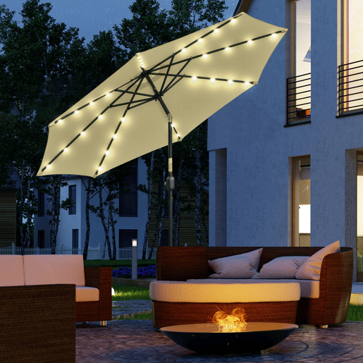 Guarda-sol de jardim para terraçopátio externo, Ø265 cm, com 32 luzes solares LED, haste de aço e manivela, inclinável. Cor: bege. Guarda-sol de jardim para terraçopátio externo, Ø265 cm, com 32 luzes solares LED, haste de aço e manivela, inclinável. Cor: bege.