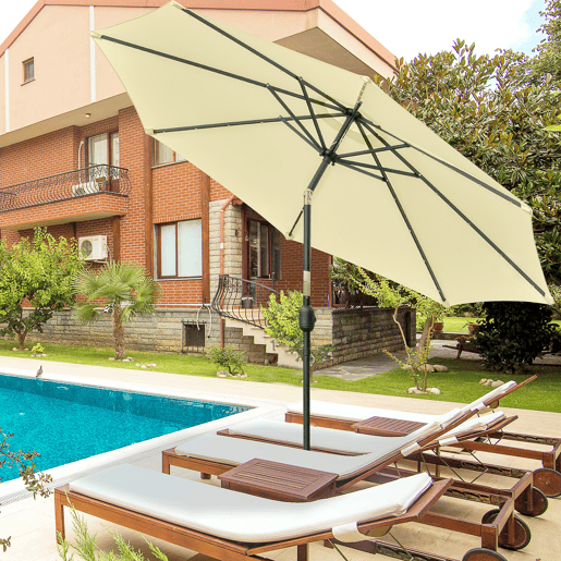 Guarda-sol de jardim para terraçopátio externo, Ø265 cm, com 32 luzes solares LED, haste de aço e manivela, inclinável. Cor: bege. Guarda-sol de jardim para terraçopátio externo, Ø265 cm, com 32 luzes solares LED, haste de aço e manivela, inclinável. Cor: bege.