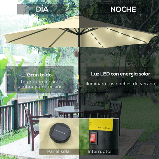 Guarda-sol de jardim para terraçopátio externo, Ø265 cm, com 32 luzes solares LED, haste de aço e manivela, inclinável. Cor: bege. Guarda-sol de jardim para terraçopátio externo, Ø265 cm, com 32 luzes solares LED, haste de aço e manivela, inclinável. Cor: bege.