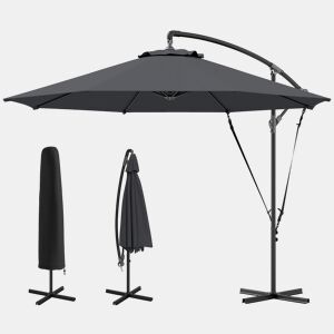 Guarda-sol de jardim excêntrico com cobertura, proteção UV 50+ e base cruzada Ø290x243 cm cinza escuro