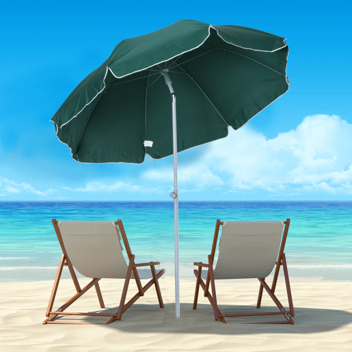 Guarda-sol de praia com diâmetro de Ø202 cm, teto inclinável, mastro removível e estaca na base para jardim verde. Guarda-sol de praia com diâmetro de Ø202 cm, teto inclinável, mastro removível e estaca na base para jardim verde.