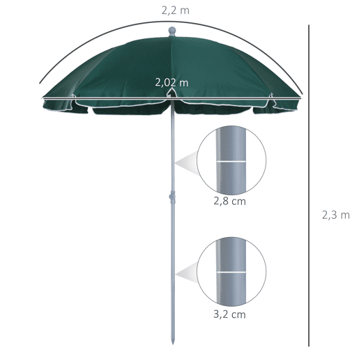 Guarda-sol de praia com diâmetro de Ø202 cm, teto inclinável, mastro removível e estaca na base para jardim verde. Guarda-sol de praia com diâmetro de Ø202 cm, teto inclinável, mastro removível e estaca na base para jardim verde.