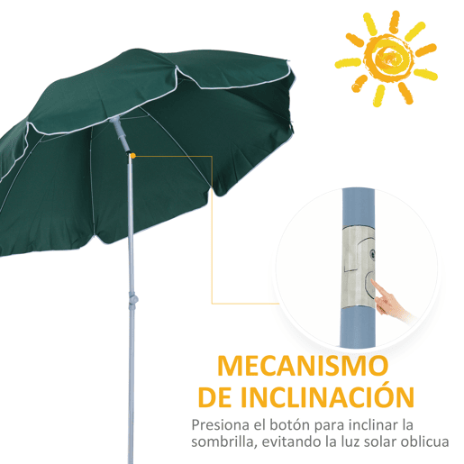 Guarda-sol de praia com diâmetro de Ø202 cm, teto inclinável, mastro removível e estaca na base para jardim verde. Guarda-sol de praia com diâmetro de Ø202 cm, teto inclinável, mastro removível e estaca na base para jardim verde.