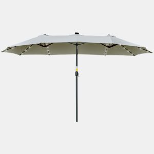 Guarda-sol duplo 450x265x240 cm com 48 luzes LED, manivela, proteção solar para terraço, varanda e piscina, cinza claro.