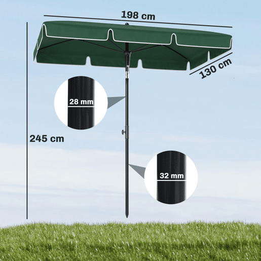 Guarda-sol retangular de alumínio para terraço, 2x1,3x2,5 m, com função de inclinação, verde.