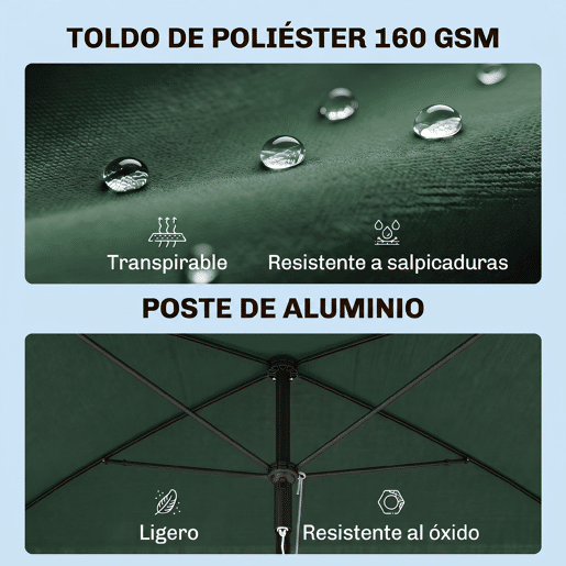 Guarda-sol retangular de alumínio para terraço, 2x1,3x2,5 m, com função de inclinação, verde.