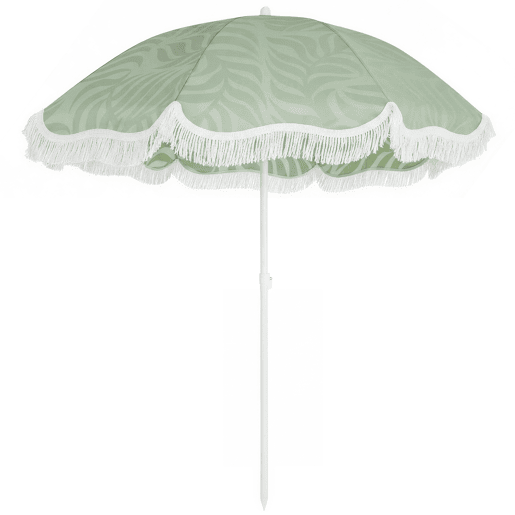 Guarda-sol de praia com franjas, Ø180 cm, altura ajustável, inclinação, âncora, resistente à areia e com bolsa de transporte, proteção UPF30+, verde.